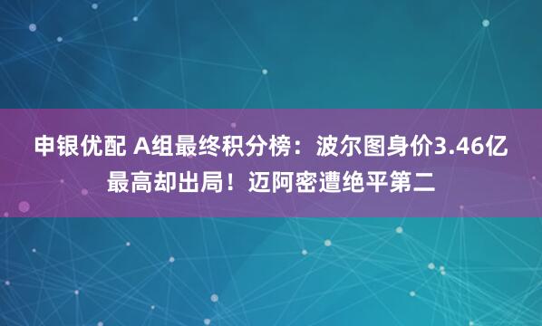 申银优配 A组最终积分榜：波尔图身价3.46亿最高却出局！迈阿密遭绝平第二